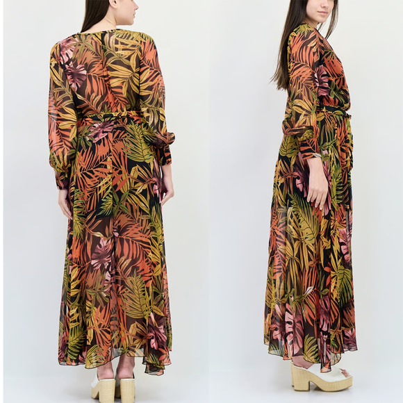 Sheer Tropical Leaf Print Long flutter Sleeve Wrap Maxi Dress autumn botanical - Picture 3 of 8